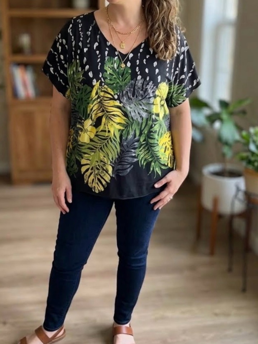 Lane Bryant Tropical & Dot Print Caftan Blouse V-Neck Plus Size 18